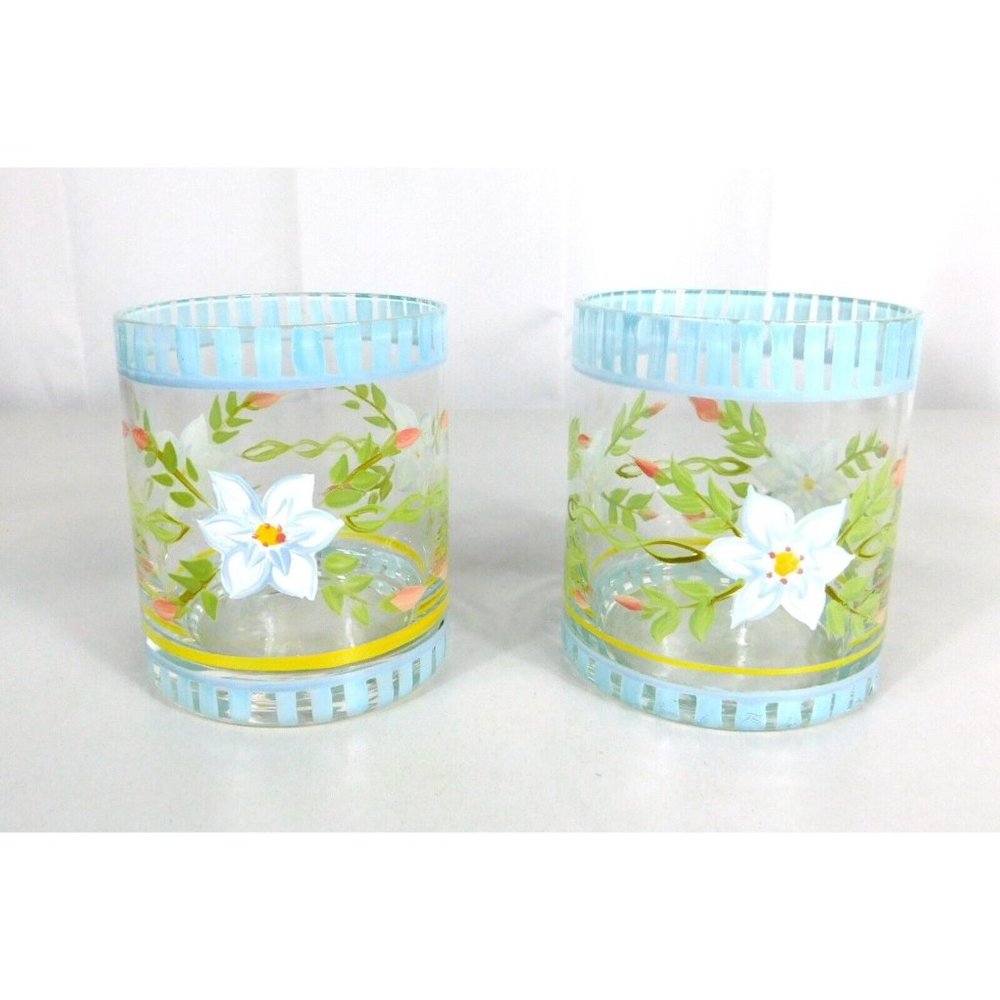 Hand Painted Capriware Glasses Set 2 Floral Pattern Flowers Barware Drinkware